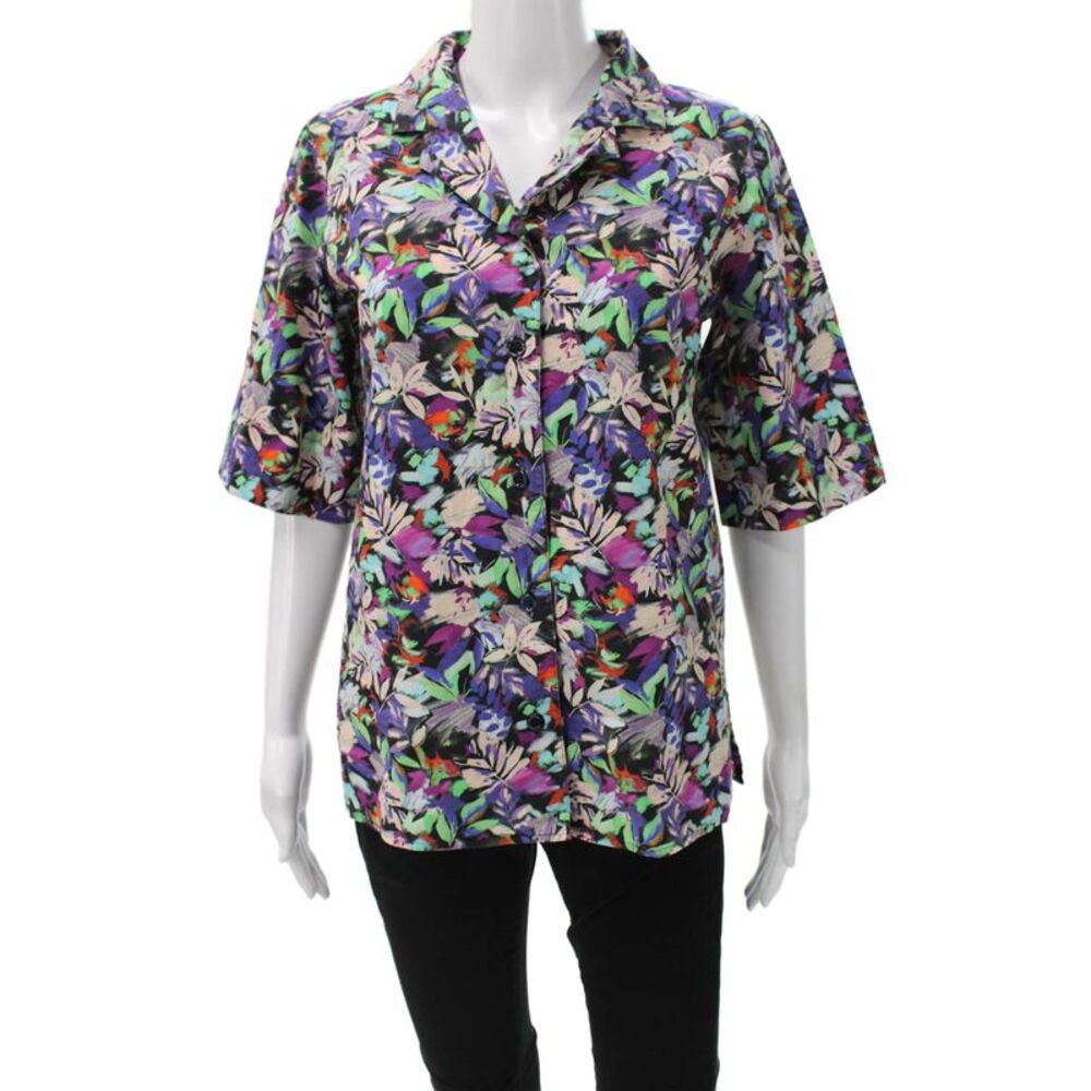 Agnes B Womens Cotton Floral Collared Button-Up 3/4 Sleeve Basic Size S